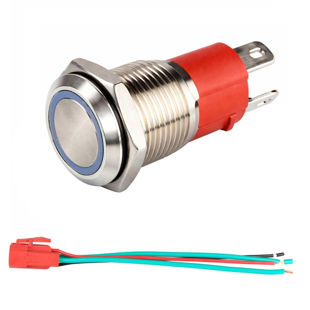 SS ON/OFF PUSH BUTTON 3A 15CM WIRE 12MM SELF HOLDING BLUE