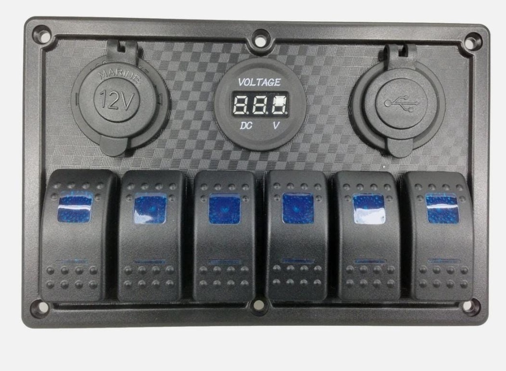 6 GANG MARINE ROCKER SWITCH PANEL WITH TYPE- C USB , Voltmeter & Cigarette Socket 