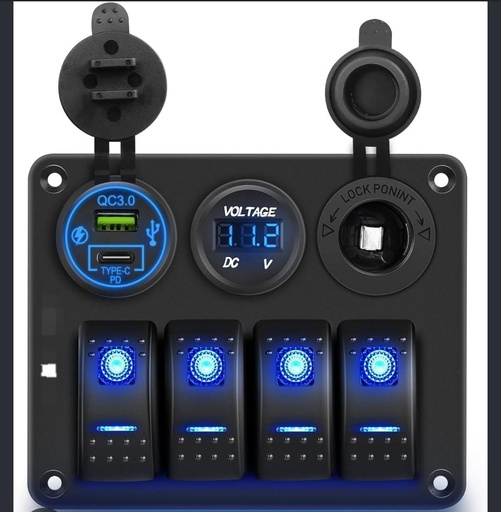 [WK-SPA4+3] 4 GANG MARINE ROCKER SWITCHES PANEL+TYPE-C USB+DIGITAL VOLTMETER+POWER SOCKET