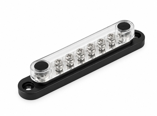 [BB150-T2M6S12-C-B] BussBar-2X 1/4" Post (M6) 12X #8 Screw Black Color with Cover  