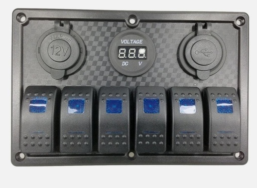[YJ-SPP016-1] 6 GANG MARINE ROCKER SWITCH PANEL WITH TYPE- C USB , Voltmeter & Cigarette Socket 