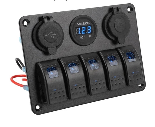 [YJ-SPA020-1] 5 GANG MARINE ROCKER SWITCH WITH TYPE-C USB , Voltmeter & Cigarette SOCKET 